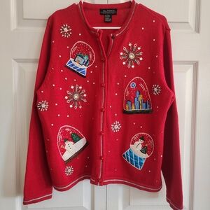 ALL POINTS Red Christmas Beaded Embroided Snow Globe Sweater Cardigan, Sz L‎